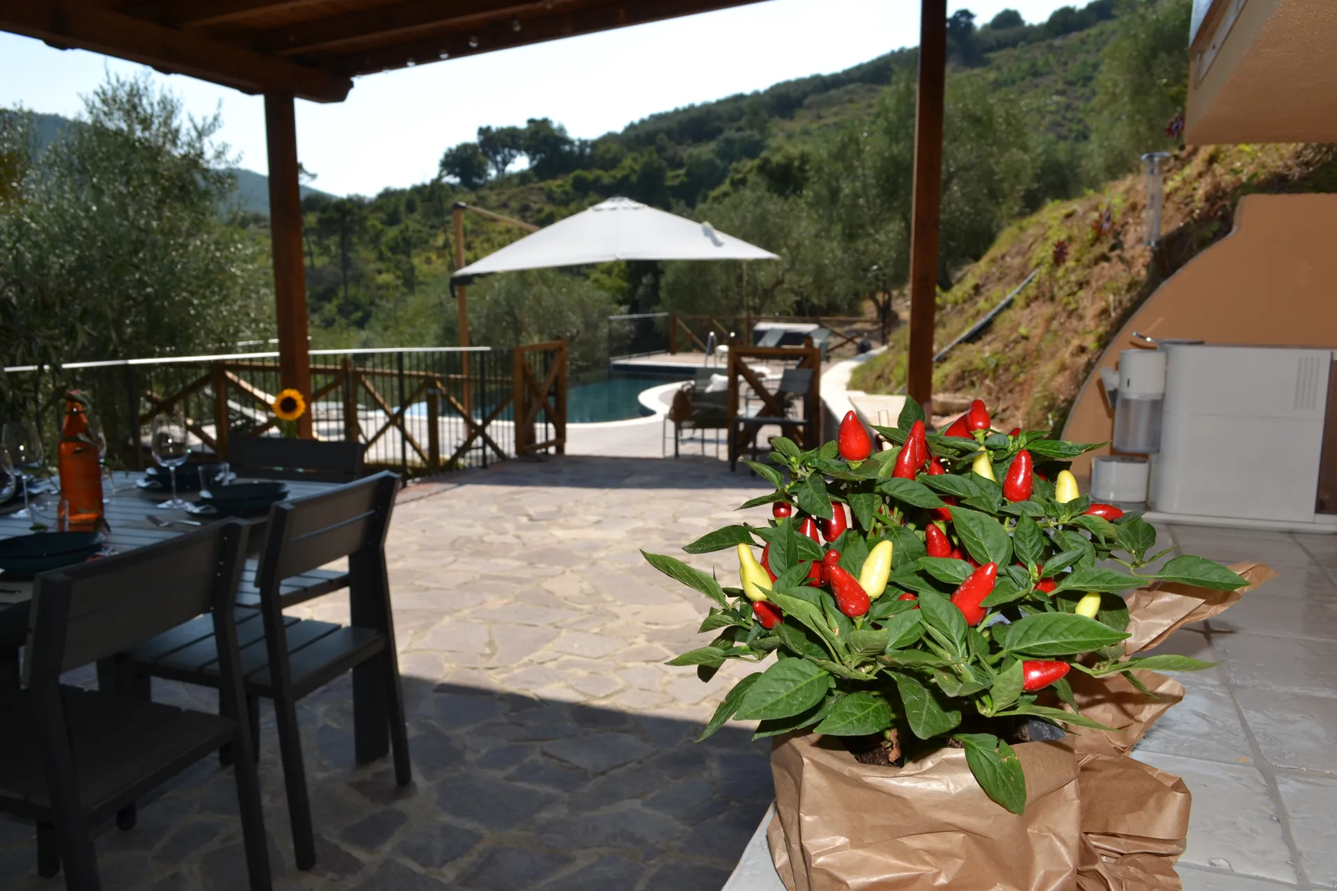 A table laid for dinner under the gazebo at Casale Eleo